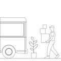 Vector illustration of a linear silhouette of a loader carries boxes in a truck, moving to a new house, moving office, courier del Royalty Free Stock Photo